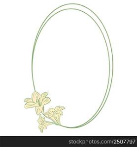 Oval wreath with lilies vector illustration. Floral rustic frame isolated object. Rim with flowers for card or invitation. Oval wreath with lilies vector illustration
