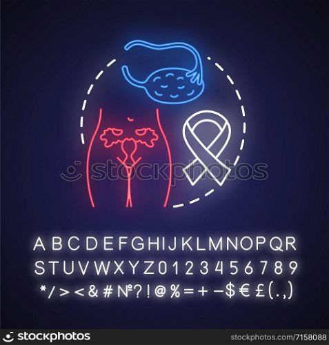 Ovarian cancer neon light concept icon. Oncological disease idea. Women health, reproductive system. Oncology, gynecology. Glowing sign with alphabet, numbers and symbols. Vector isolated illustration