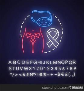 Ovarian cancer neon light concept icon. Oncological disease idea. Women health, reproductive system. Oncology, gynecology. Glowing sign with alphabet, numbers and symbols. Vector isolated illustration