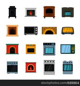 Oven stove furnace fireplace icons set. Flat illustration of 16 oven stove furnace fireplace vector icons for web. Oven stove furnace fireplace icons set, flat style