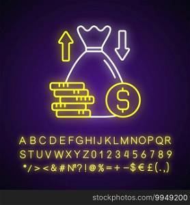 Over and under bet neon light icon. Predicting wager. Higher and lower bettor number. Outer glowing effect. Sign with alphabet, numbers and symbols. Vector isolated RGB color illustration. Over and under bet neon light icon