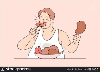 Over eating and unhealthy diet concept. Fat man sitting eating sausages meat with appetite overeating living unhealthy lifestyle vector illustration . Over eating and unhealthy diet concept