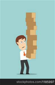 Overburdened businessman carrying a high stack of cardboard boxes, for overloading design. Cartoon flat style. Businessman carrying a high stack of boxes