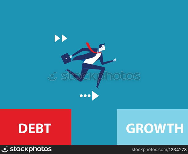 Overcome liabilities. Businessman running and escape debt zone. Concept business vector illustration.