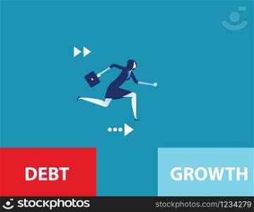 Overcome liabilities. Businesswoman running and escape debt zone. Concept business vector illustration.