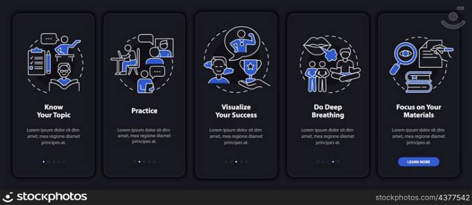 Overcome performance fear night mode onboarding mobile app screen. Tips walkthrough 5 steps graphic instructions pages with linear concepts. UI, UX, GUI template. Myriad Pro-Bold, Regular fonts used. Overcome performance fear night mode onboarding mobile app screen