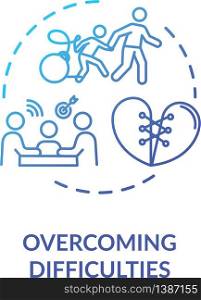 Overcoming difficulties concept icon. Parents helping kid. Family emotional support idea thin line illustration. Problem solving. Vector isolated outline RGB color drawing. Overcoming difficulties concept icon