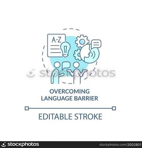 Overcoming language barrier blue concept icon. Expats struggles abstract idea thin line illustration. Learn new language. Cultural difficulties. Vector isolated outline color drawing. Editable stroke. Overcoming language barrier blue concept icon