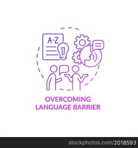 Overcoming language barrier purple gradient concept icon. Expats struggles abstract idea thin line illustration. Learn new language. Cultural difficulties. Vector isolated outline color drawing. Overcoming language barrier purple gradient concept icon