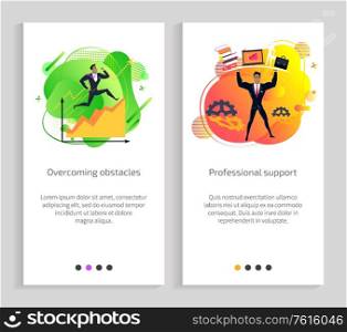 Overcoming obstacles and professional support vector, male wearing suit formal wear and holding briefcase, gears and cogwheels with info. Website or app slider, landing page flat style. Professional Support and Overcoming Obstacles
