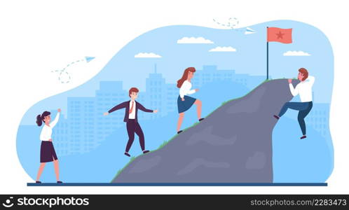 Overcoming obstacles. People going uphill, man climbs cliff, short difficult way, long path to success, business motivation. Achieving goal. Employee ambition opportunities. Vector isolated concept. Overcoming obstacles. People going uphill, man climbs cliff, short difficult way, long path to success, business motivation. Achieving goal. Employee ambition opportunities vector concept