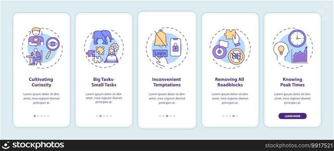 Overcoming procrastination tips onboarding mobile app page screen with concepts. Curiosity, knowing peak times walkthrough 5 steps graphic instructions. UI vector template with RGB color illustrations. Overcoming procrastination tips onboarding mobile app page screen with concepts