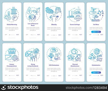 Overconsumption onboarding mobile app page screen with concepts. Environmental damage. Consumerism walkthrough 5 steps graphic instructions. UI vector template with RGB color illustrations