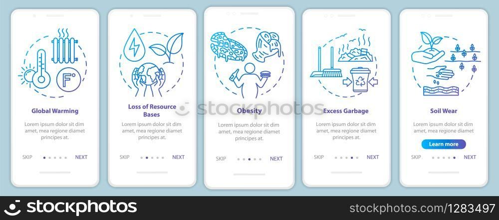 Overconsumption onboarding mobile app page screen with concepts. Global warming, soil wear. Consumerism walkthrough 5 steps graphic instructions. UI vector template with RGB color illustrations