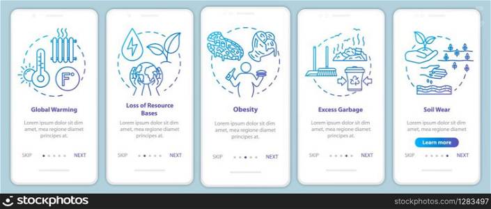 Overconsumption onboarding mobile app page screen with concepts. Global warming, soil wear. Consumerism walkthrough 5 steps graphic instructions. UI vector template with RGB color illustrations