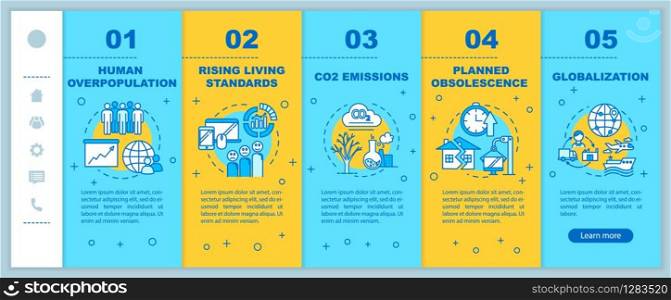 Overconsumption onboarding vector template. Globalization, overpopulation. Consumerism and consupmtion. Responsive mobile website with icons. Webpage walkthrough step screens. RGB color concept