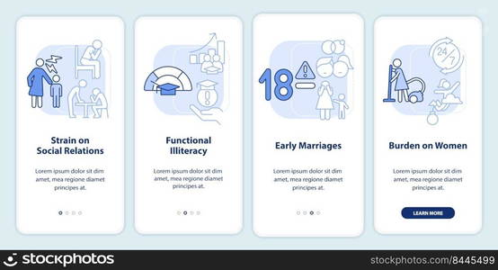 Overcrowding social effects light blue onboarding mobile app screen. Walkthrough 4 steps editable graphic instructions with linear concepts. UI, UX, GUI template. Myriad Pro-Bold, Regular fonts used. Overcrowding social effects light blue onboarding mobile app screen