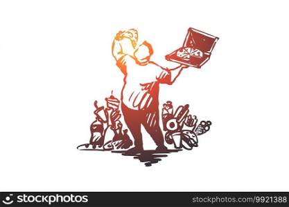 Overeating, fast food, obesity vector concept. Fat man surrounded by fast food items eating pizza from pack. Hand drawn sketch isolated illustration. Overeating, fast food, obesity concept. Hand drawn sketch isolated illustration