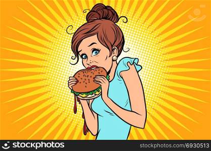Overeating fast food. Woman secretly eating a Burger. Comic book cartoon pop art retro color illustration drawing. Overeating fast food. Woman secretly eating a Burger
