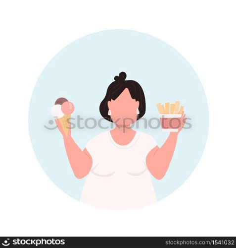 Overeating flat color vector faceless character icon. Bad diet for woman. Girl with weight problem. Women unhealthy eating habit isolated cartoon illustration for web graphic design and animation. Overeating flat concept vector illustration icon