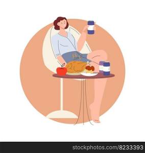 Overeating overdrinking concept. Happy woman drink beer or lemonade, eating chicken, cake and fruits. Stress or relax, food addiction vector character food unhealthy and alcohol beverage illustration. Overeating overdrinking concept. Happy woman drink beer or lemonade, eating chicken, cake and fruits in one time. Stress or relax, food addiction vector character