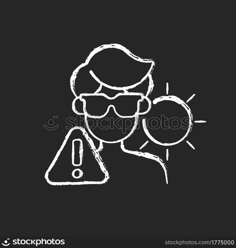 Overexposure to sun chalk white icon on dark background. Person in sunglasses on beach risking sunstroke. Man in danger of sunburn during summer. Isolated vector chalkboard illustration on black. Overexposure to sun chalk white icon on dark background