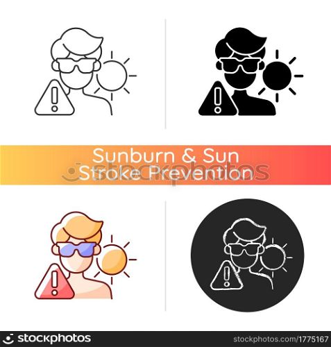 Overexposure to sun icon. Person in sunglasses on beach risking sunstroke. Man in danger of sun burn during summer. Linear black and RGB color styles. Isolated vector illustrations. Overexposure to sun icon