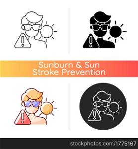 Overexposure to sun icon. Person in sunglasses on beach risking sunstroke. Man in danger of sun burn during summer. Linear black and RGB color styles. Isolated vector illustrations. Overexposure to sun icon
