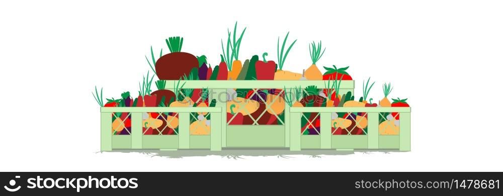 Overflowing box of fresh vegetables, vector illustration isolated on white background