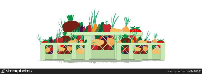 Overflowing box of fresh vegetables, vector illustration isolated on white background