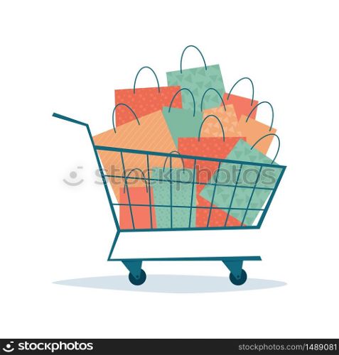 Overflowing shopping cart with paper bags. Symbol of sales and discounts. Black friday. Vector illustration in flat style on white background. Overflowing shopping cart with paper bags. Symbol of sales and discounts. Vector