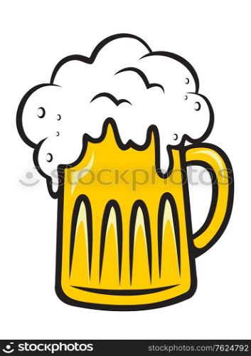 Overflowing tankard of frothy beer with a lovely golden color isolated on white. Overflowing tankard of frothy beer