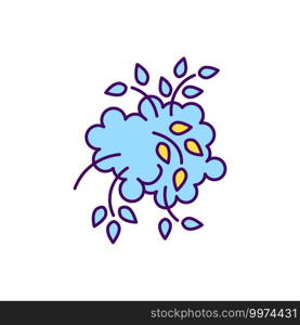 Overgrown shrubs RGB color icon. Pruning and trimming bushes. Managing large evergreen shrubs. Removing growing branches, stems. Achieving natural-looking shape. Isolated vector illustration. Overgrown shrubs RGB color icon