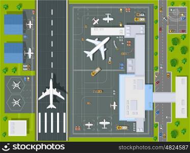 Overhead point of view airport with all the buildings, planes, vehicles and airport runway