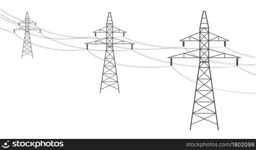 Overhead power line. Electric power transmission, high voltage power lines supplies electricity. Electric eaves departing into the distance. Flat vector illustration isolated on white background.. Overhead power line. Flat vector illustration isolated on white