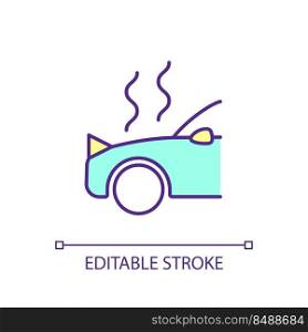 Overheated car RGB color icon. Car accident. Motor breakdown. Automotive problem. Troubleshooting. Isolated vector illustration. Simple filled line drawing. Editable stroke. Arial font used. Overheated car RGB color icon