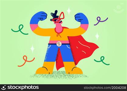 Overjoyed boy child in superhero costume feel powerful show muscles enjoy costume carnival. Smiling guy dressed like super hero celebrate win or victory. Success and power. Flat vector illustration. . Smiling guy in superhero costume celebrate victory