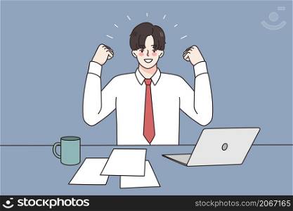 Overjoyed businessman feel euphoric with online deal or agreement on computer. Smiling man employee or worker triumph with job promotion. Hiring, employment concept. Flat vector illustration. . Excited businessman triumph with job promotion