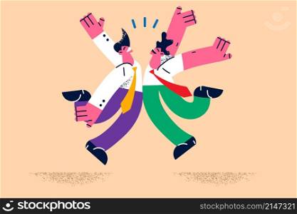 Overjoyed businessmen jump celebrate shared business victory or success. Happy male colleagues or employees feel euphoric triumph with win. Teamwork, luck concept. Vector illustration. . Happy businessmen celebrate shared business success