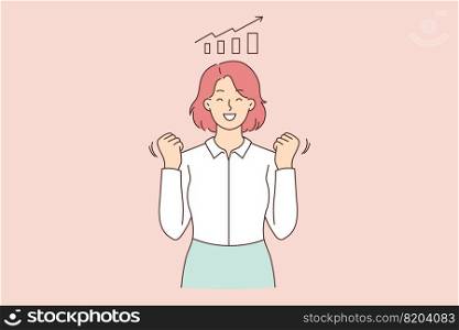 Overjoyed businesswoman make yes gesture triumph with business sales growth. Smiling female employee excited with work success. Graph or chart growing. Vector illustration. . Smiling businesswoman excited with sales growth 