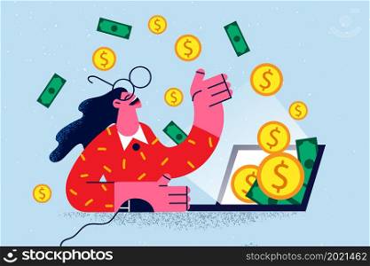 Overjoyed businesswoman work online on computer get financial dividend from successful investment. Happy woman worker or employee receive money from web remote job. Vector illustration. . Happy businesswoman get dividend from successful investment