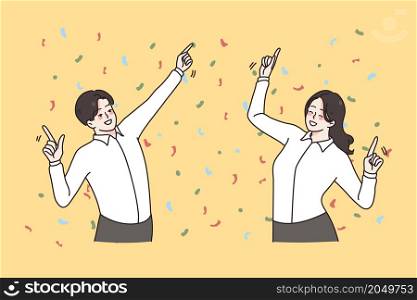 Overjoyed diverse colleagues dance together celebrate shared business win or victory at work. Smiling employees or workers have fun enjoy successful deal. Teamwork, success. Vector illustration. . Happy businesspeople dance celebrate business success