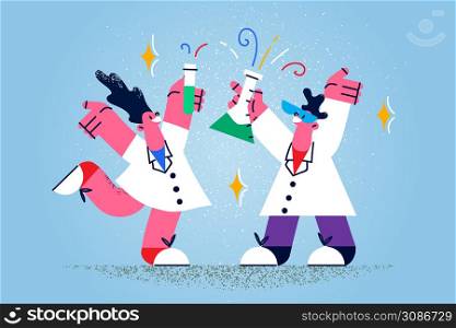 Overjoyed diverse doctors in medical uniform hold tubes celebrate vaccine discovery. Happy scientists or researchers open new technology. Vaccination and biotechnology. Vector illustration. . Overjoyed doctors with test tubes celebrate vaccine discovery