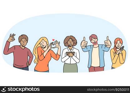 Overjoyed diverse multiethnic young people feel positive and joyful show diverse hand gestures. Smiling men and women use body language, ok, thumb up, heart sign. Vector illustration.. Happy people show diverse hand gestures