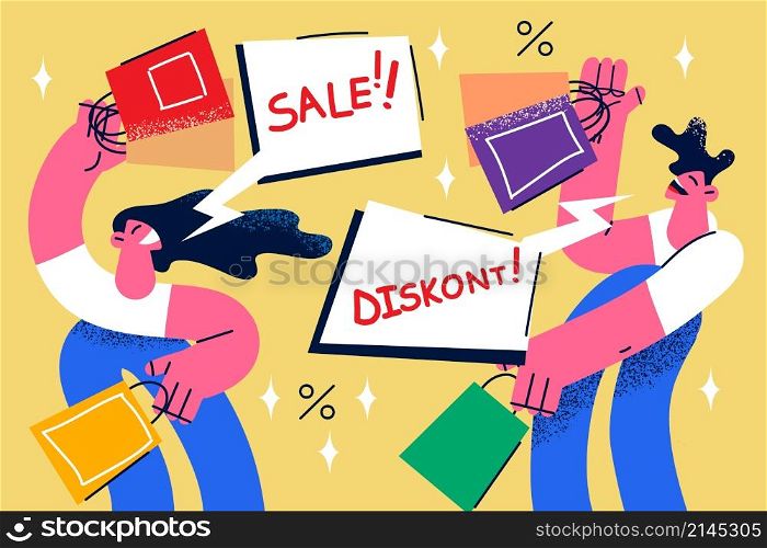 Overjoyed diverse people excited with seasonal winter sale or promotion in shopping center or mall. Happy buyers or clients purchase buy on discount or deals. Consumerism. Vector illustration. . Happy people buyers shopping on seasonal sales