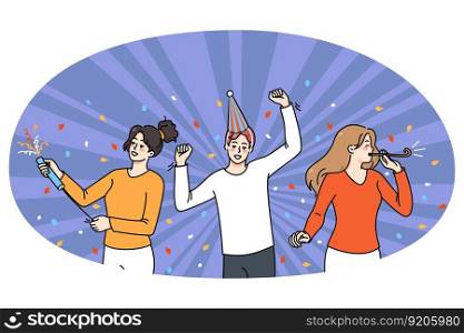 Overjoyed diverse young people have fun celebrate together. Smiling men and women enjoy celebration or party dancing and entertaining. Friendship and entertainment. Vector illustration.. Overjoyed people have fun celebrate party together