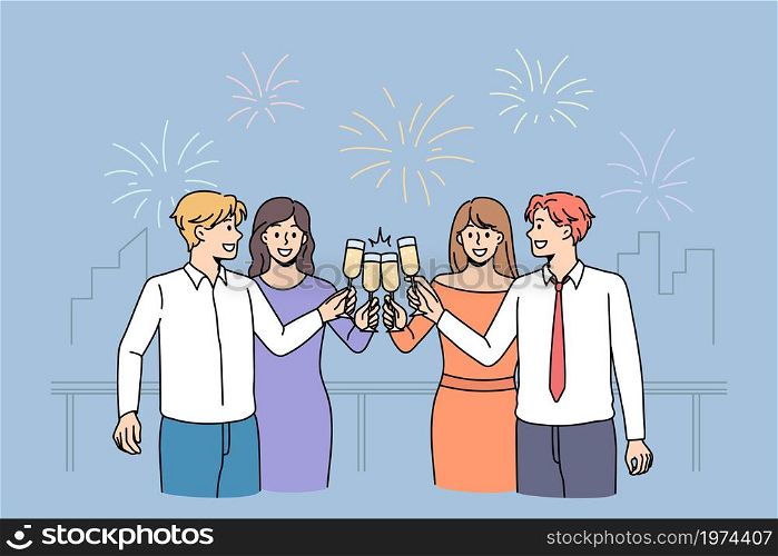 Overjoyed diverse young people hold glasses drink champagne cheers celebrate New Year together with fireworks. Happy friends enjoy party or celebration. Merry Christmas concept. Vector illustration. . Happy diverse people celebrate cheers glasses together
