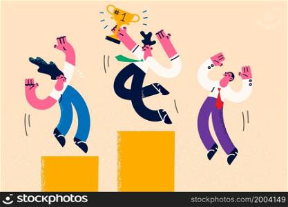 Overjoyed employees with golden price celebrate company win or victory. Happy worker triumph feel excited get career promotion. Winner of business competition. Leadership. Vector illustration. . Overjoyed employees celebrate victory in business
