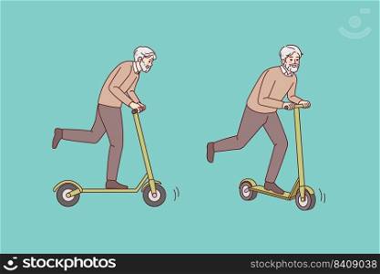 Overjoyed energetic elderly man have fun riding on scooter outdoors. Happy active mature grandfather feel joyful and positive enjoy outdoors activity. Vector illustration. . Energetic old grandfather riding on scooter