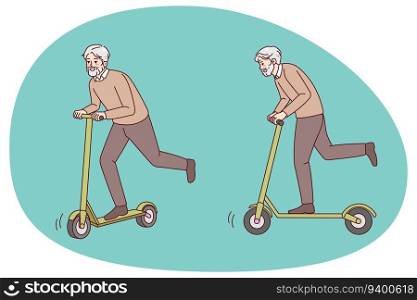 Overjoyed energetic elderly man have fun riding on scooter outdoors. Happy active mature grandfather feel joyful and positive enjoy outdoors activity. Vector illustration.. Energetic old grandfather riding on scooter